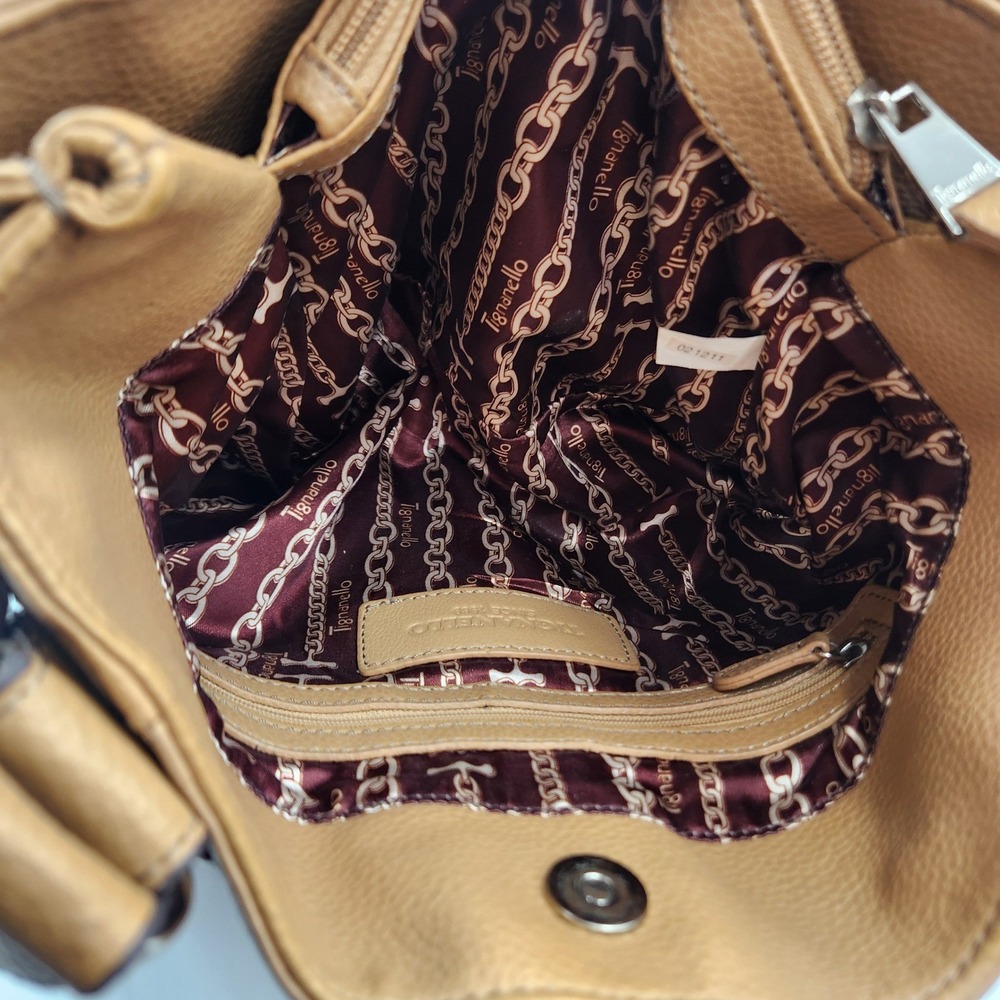 Tignanello Leather Tote Shoulder Bag Tan Brown Multi Pocket Chain Lined - Picture 9 of 16